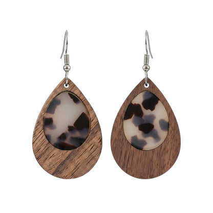 Brown Resin and Wood Silvertone Leopard Print Teardrop Hook Earrings, silver drop earrings for women, side view