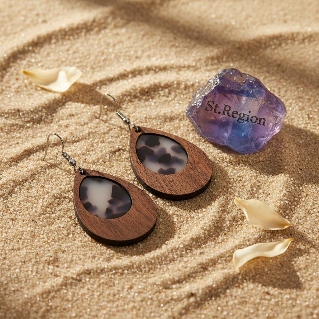 Brown Resin and Wood Silvertone Leopard Print Teardrop Hook Earrings, silver drop earrings for women, detail close-up
