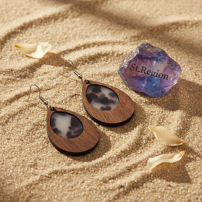 Brown Resin and Wood Silvertone Leopard Print Teardrop Hook Earrings, silver drop earrings for women, detail close-up