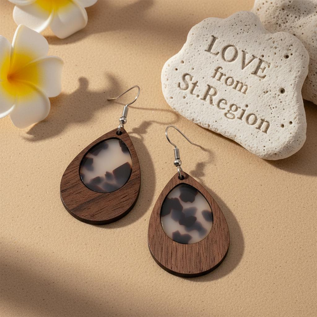 Brown Resin and Wood Silvertone Leopard Print Teardrop Hook Earrings, silver drop earrings for women, lifestyle look
