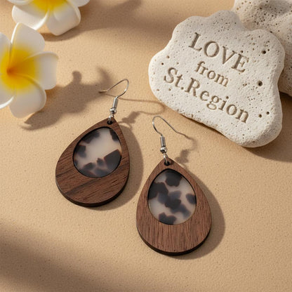 Brown Resin and Wood Silvertone Leopard Print Teardrop Hook Earrings, silver drop earrings for women, lifestyle look