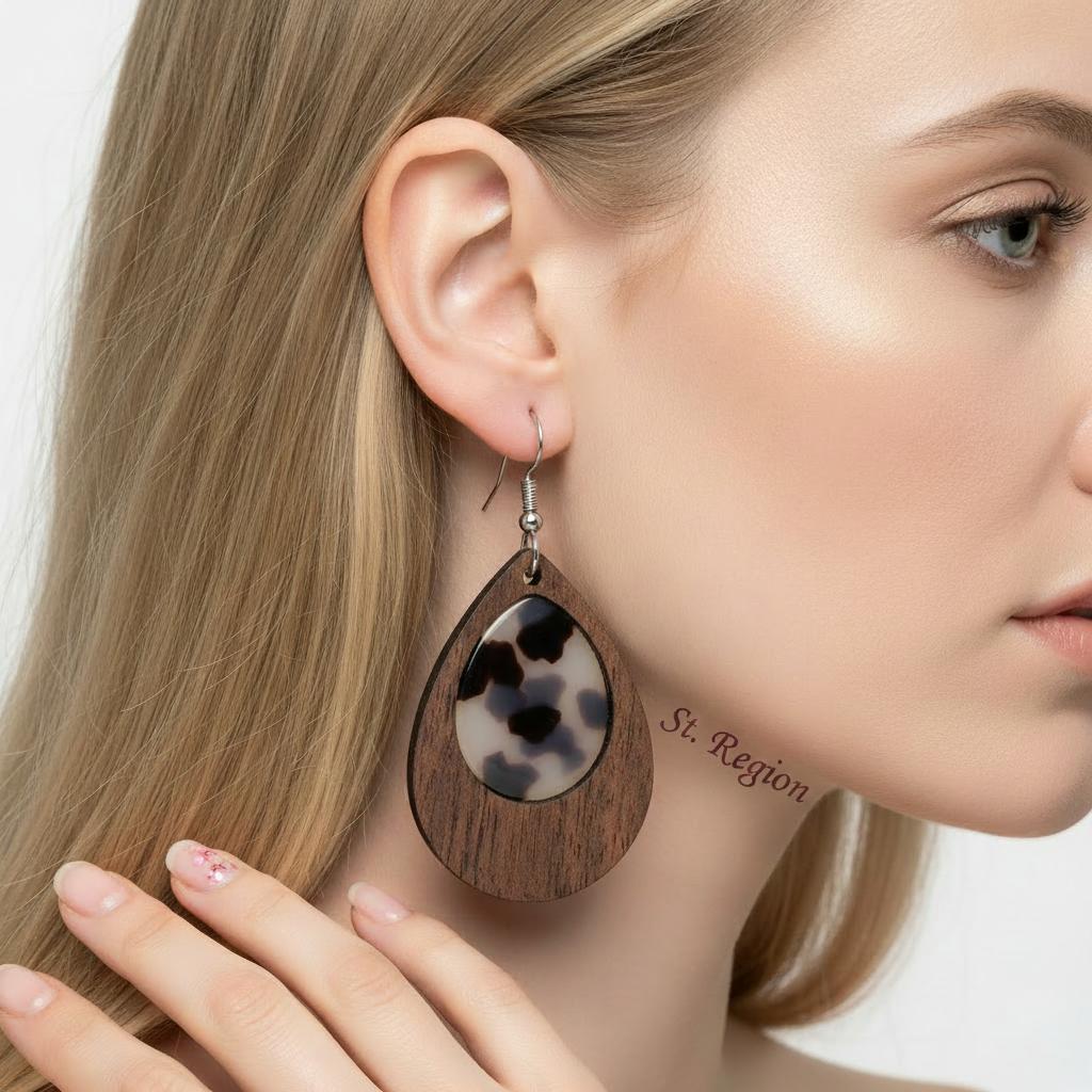 Brown Resin and Wood Silvertone Leopard Print Teardrop Hook Earrings, silver drop earrings for women, styled look