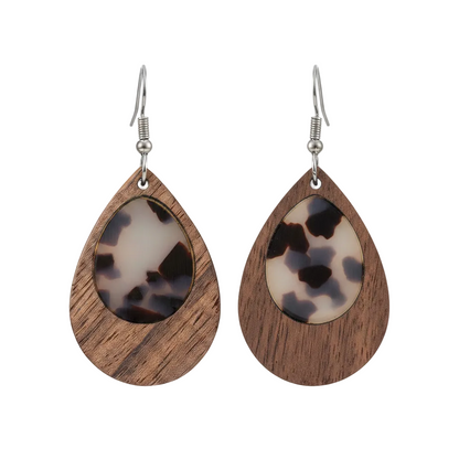 Brown Resin & Wood Silvertone Leopard Print Teardrop Hook Earrings - Street Region