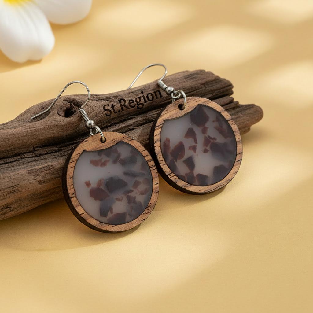 Brown Resin and Wood Silvertone Leopard Print Circular Hook Earrings, silver drop earrings for women, front view