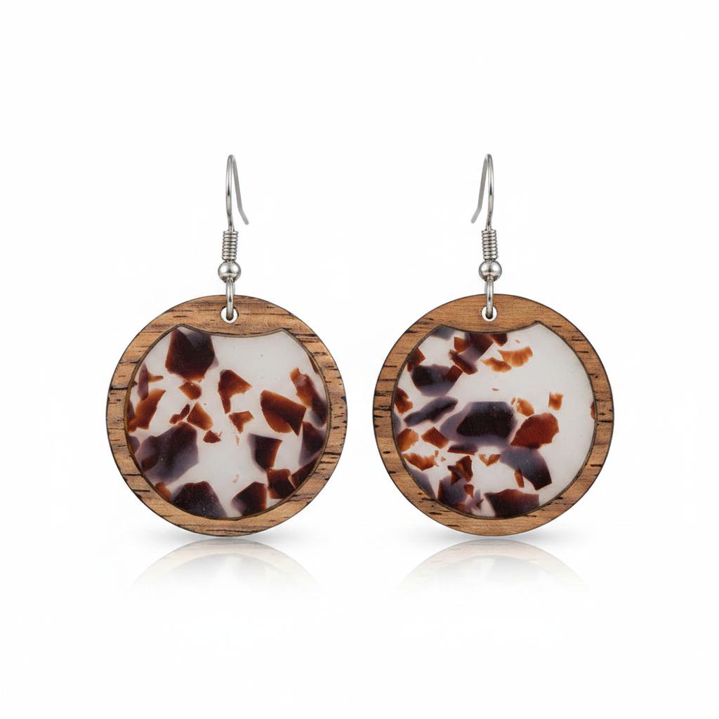 Brown Resin and Wood Silvertone Leopard Print Circular Hook Earrings, silver drop earrings for women, side view