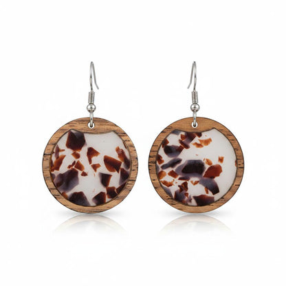 Brown Resin and Wood Silvertone Leopard Print Circular Hook Earrings, silver drop earrings for women, side view