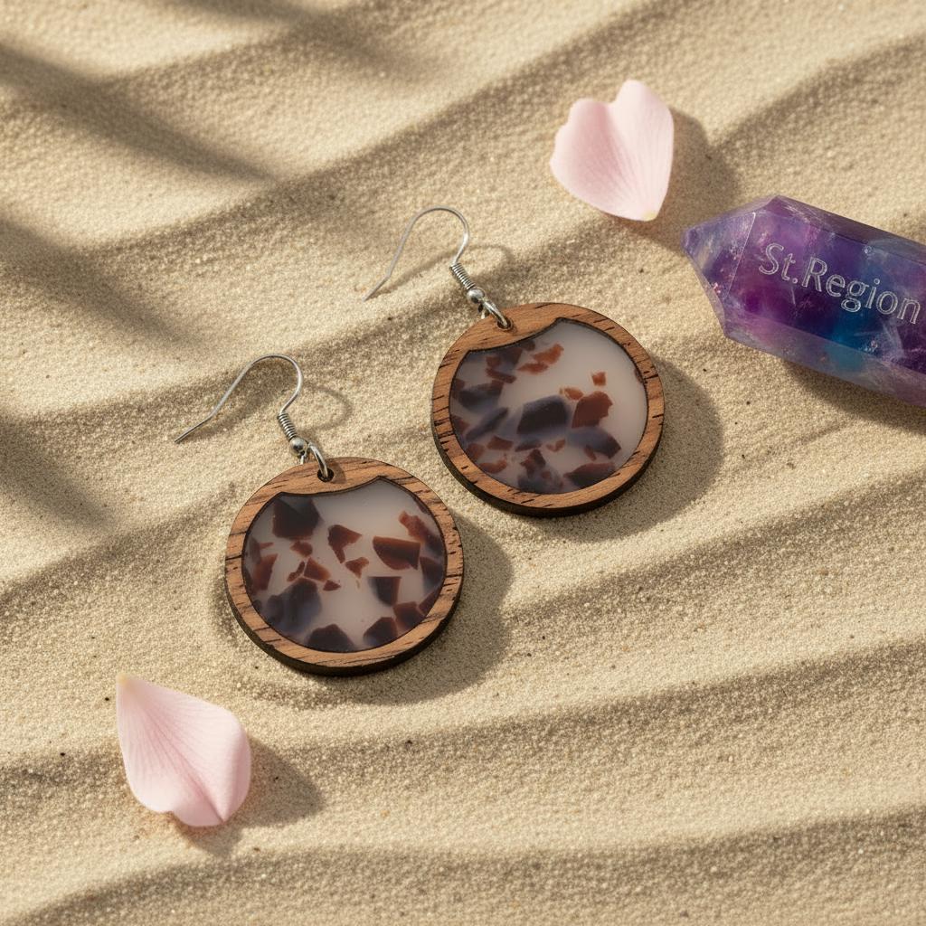 Brown Resin and Wood Silvertone Leopard Print Circular Hook Earrings, silver drop earrings for women, detail close-up
