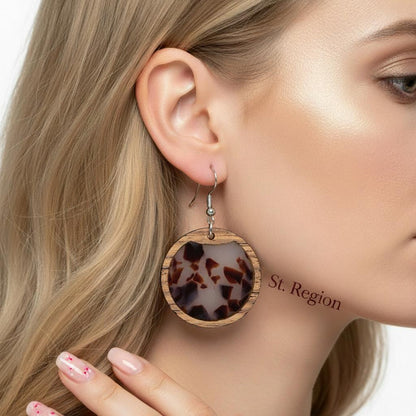 Brown Resin and Wood Silvertone Leopard Print Circular Hook Earrings, silver drop earrings for women, styled look