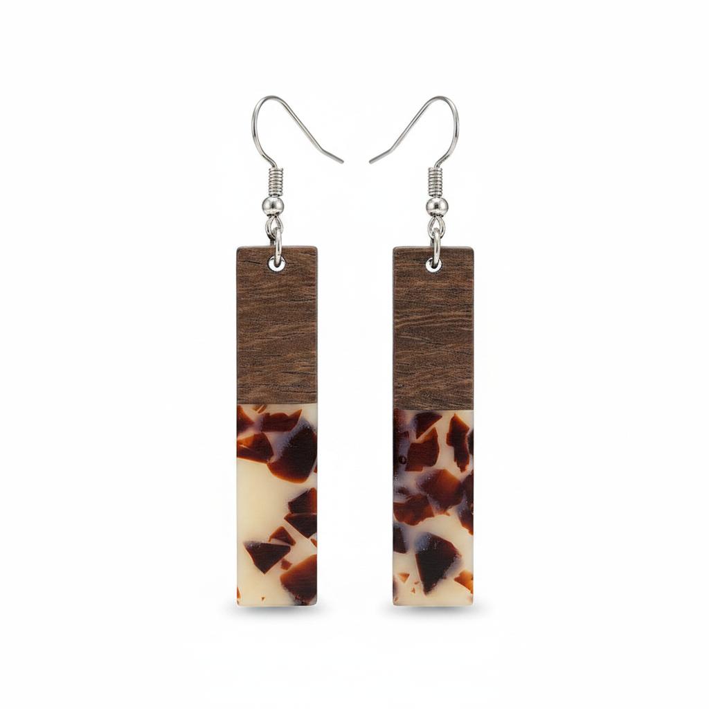 Brown Resin and Wood Silvertone Leopard Print Bar Hook Earrings, silver drop earrings for women, side view