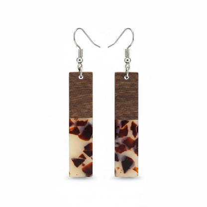 Brown Resin and Wood Silvertone Leopard Print Bar Hook Earrings, silver drop earrings for women, side view