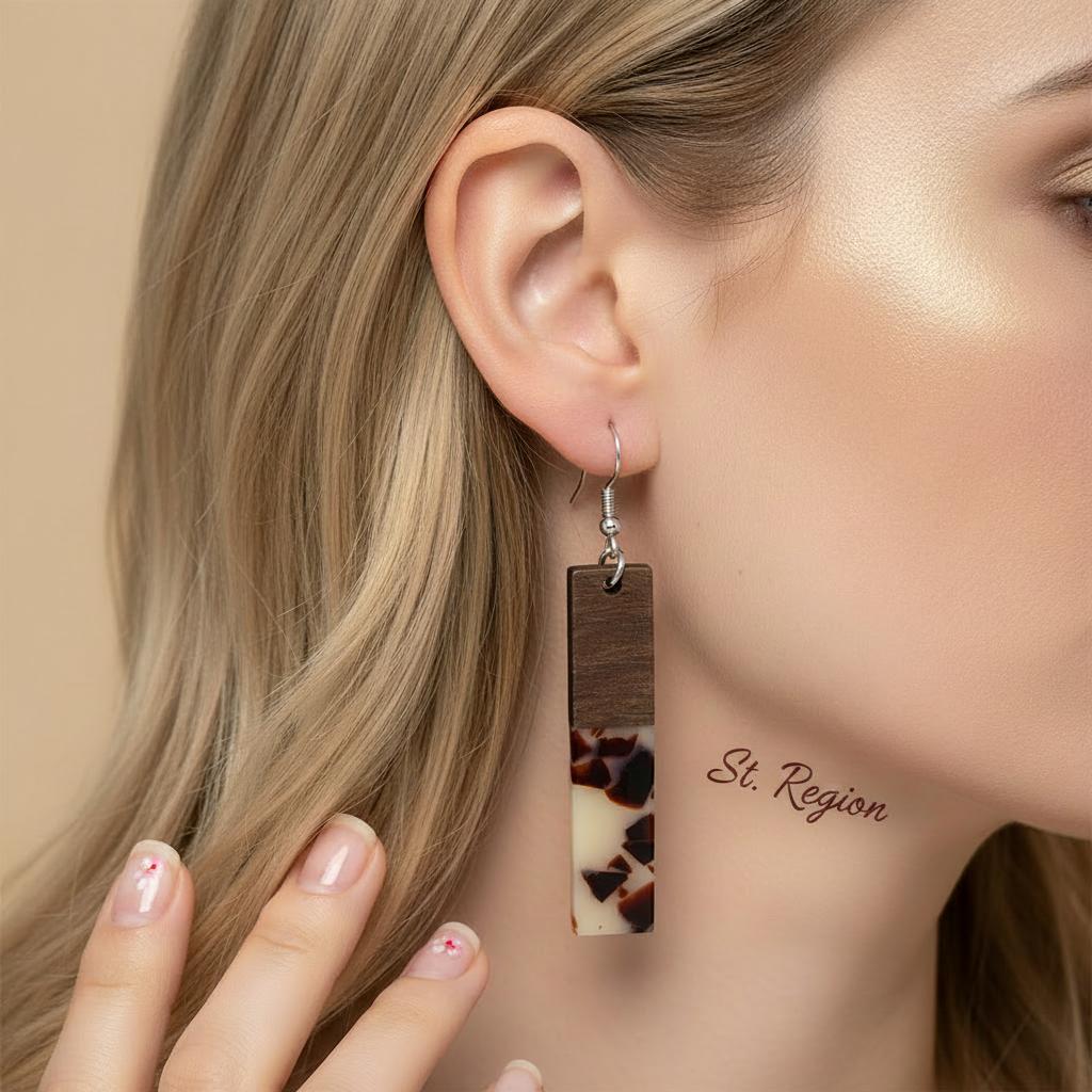Brown Resin and Wood Silvertone Leopard Print Bar Hook Earrings, silver drop earrings for women, styled look