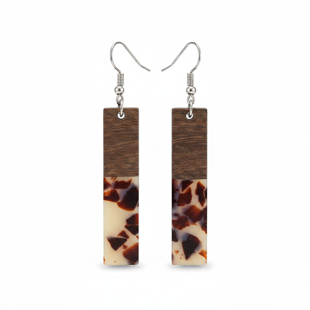 Brown Resin & Wood Silvertone Leopard Print Bar Hook Earrings - Street Region