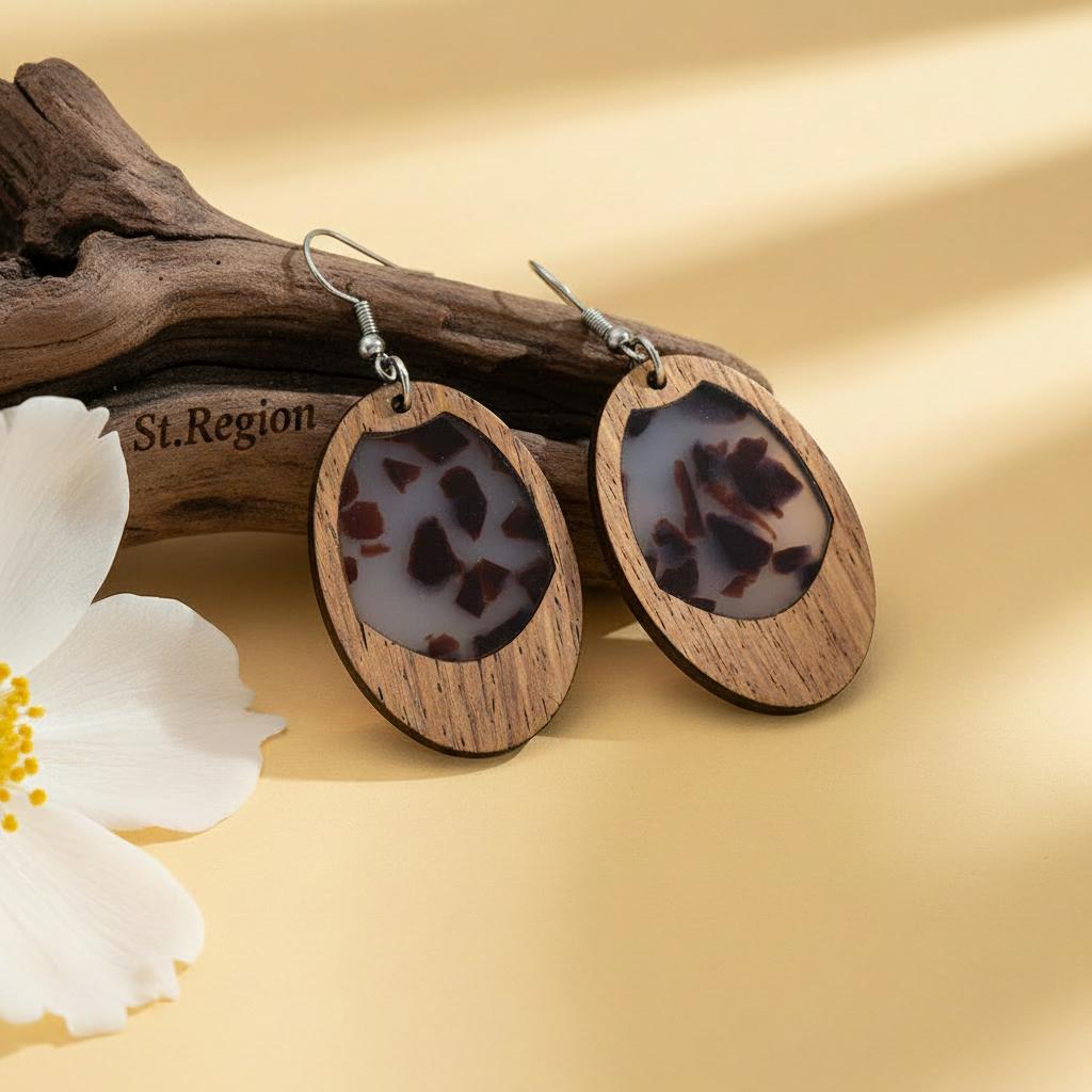 Brown Resin and Wood Silvertone Leopard Print Oval Hook Earrings, silver drop earrings for women, front view