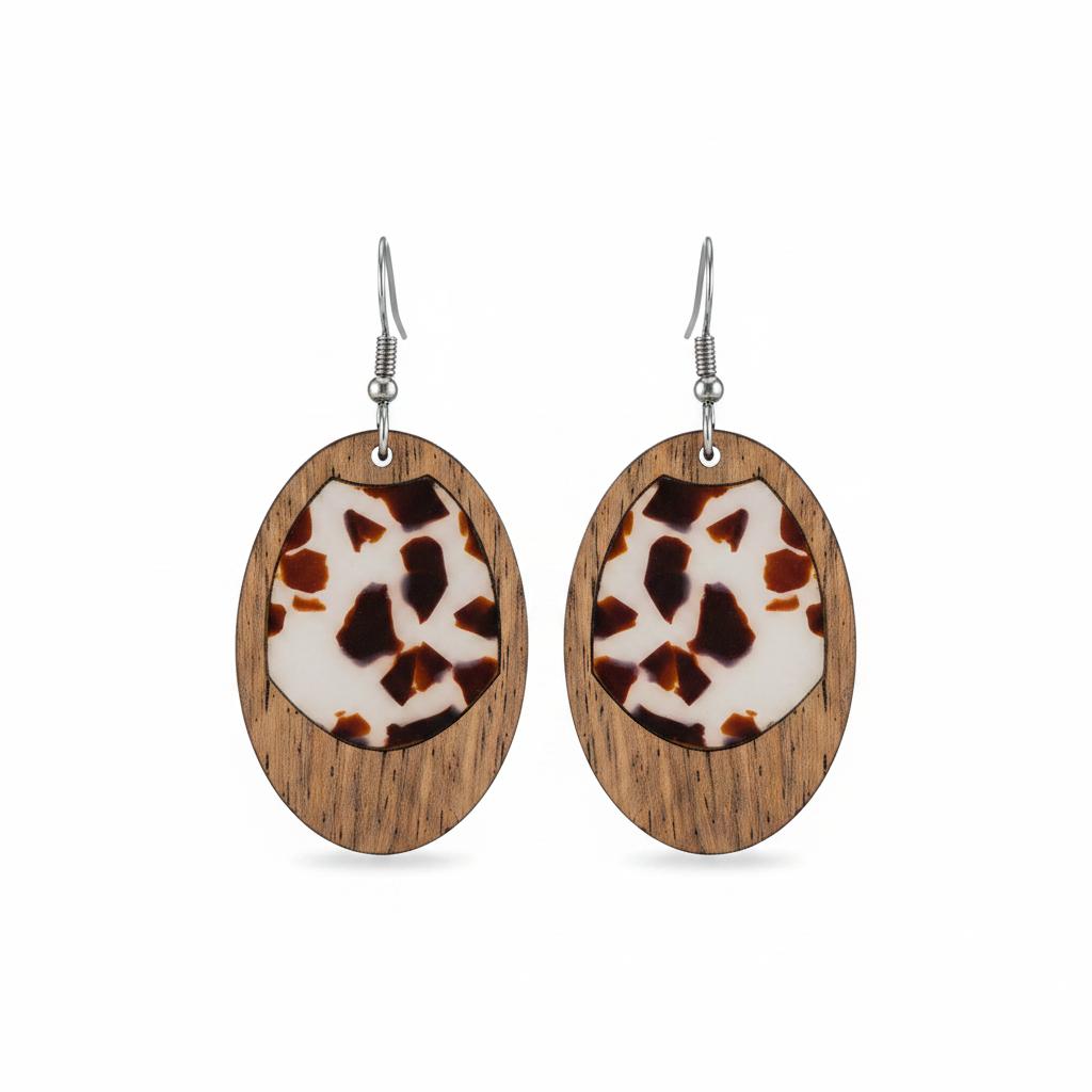 Brown Resin and Wood Silvertone Leopard Print Oval Hook Earrings, silver drop earrings for women, side view