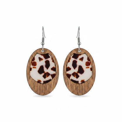 Brown Resin and Wood Silvertone Leopard Print Oval Hook Earrings, silver drop earrings for women, side view