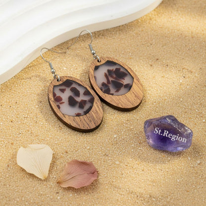 Brown Resin and Wood Silvertone Leopard Print Oval Hook Earrings, silver drop earrings for women, detail close-up