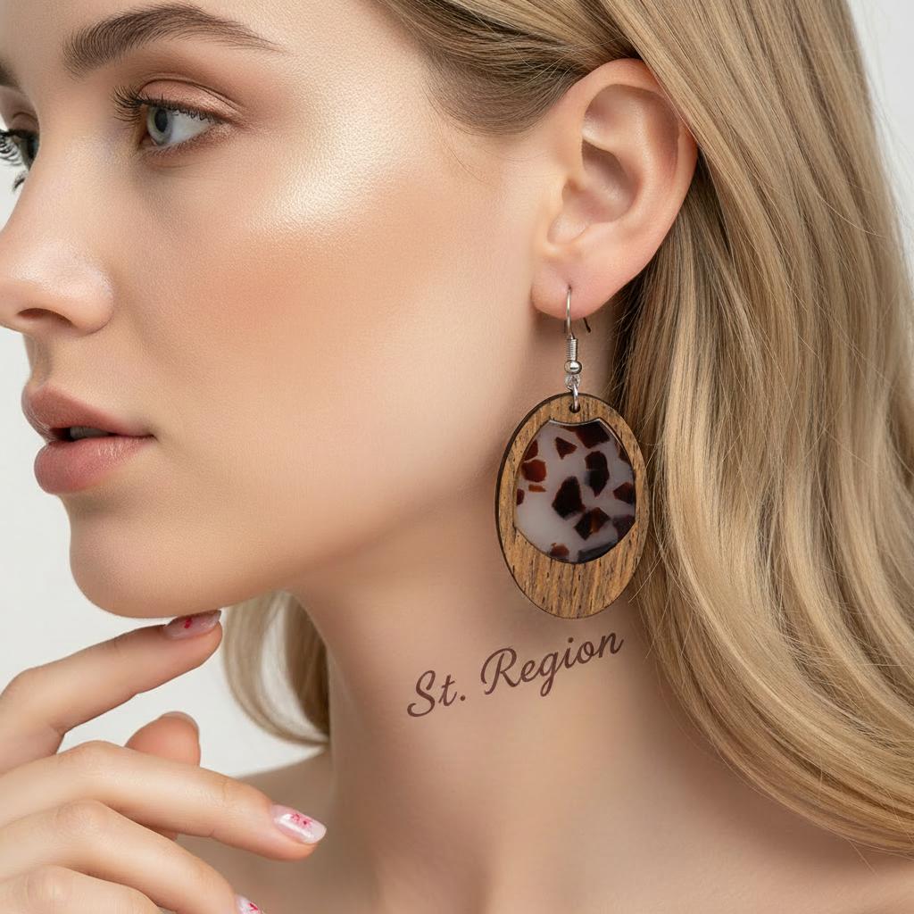 Brown Resin and Wood Silvertone Leopard Print Oval Hook Earrings, silver drop earrings for women, styled look