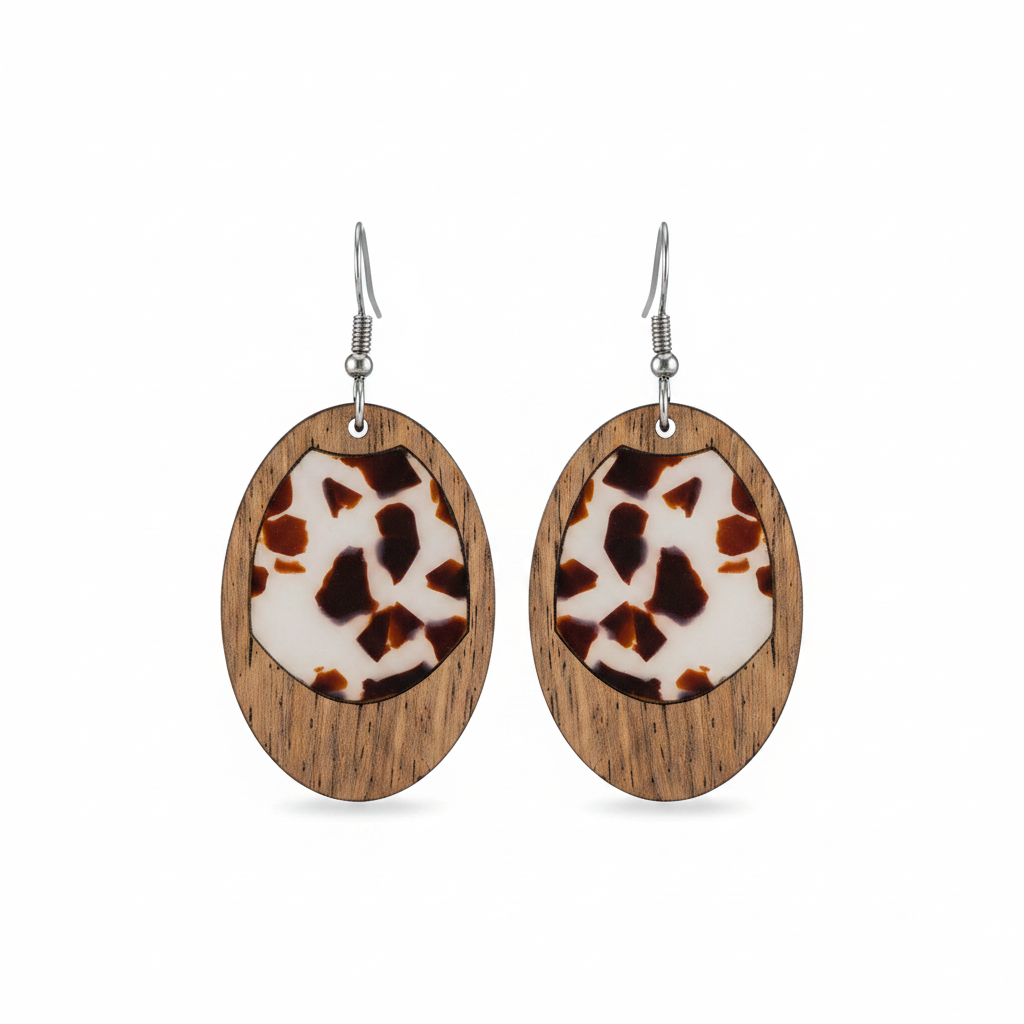 Brown Resin & Wood Silvertone Leopard Print Oval Hook Earrings - Street Region