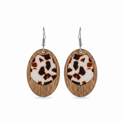 Brown Resin & Wood Silvertone Leopard Print Oval Hook Earrings - Street Region