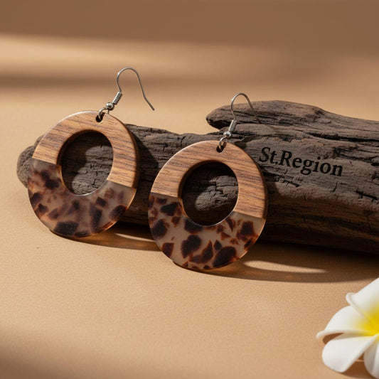 Brown Resin and Wood Silvertone Leopard Print Open Round Hook Earrings, gold drop earrings for women, front view