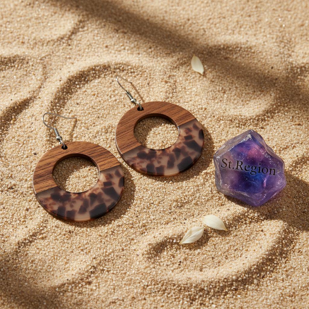 Brown Resin and Wood Silvertone Leopard Print Open Round Hook Earrings, silver drop earrings for women, detail close-up
