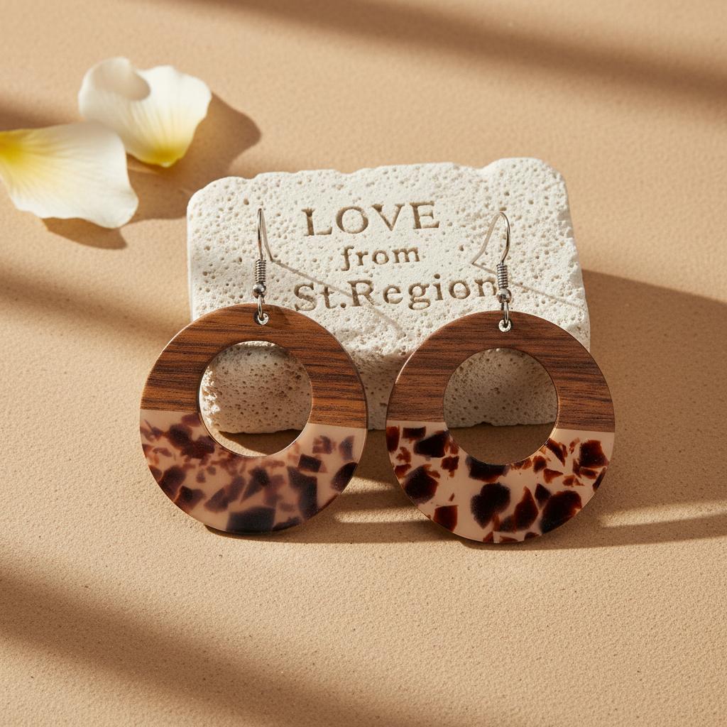 Brown Resin and Wood Silvertone Leopard Print Open Round Hook Earrings, silver drop earrings for women, lifestyle look