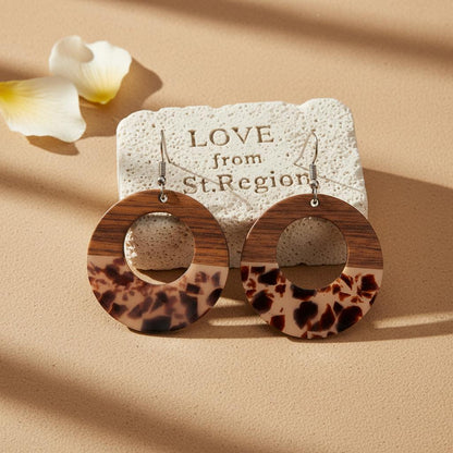 Brown Resin and Wood Silvertone Leopard Print Open Round Hook Earrings, silver drop earrings for women, lifestyle look