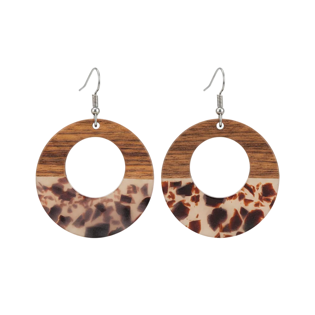 Brown Resin & Wood Silvertone Leopard Print Open Round Hook Earrings - Street Region