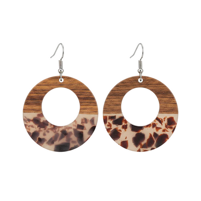 Brown Resin & Wood Silvertone Leopard Print Open Round Hook Earrings - Street Region