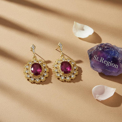 Rose Crystal and Cubic Zirconia Goldtone Oval-Cut Flower Dangle Earrings, gold drop earrings for women, detail close-up