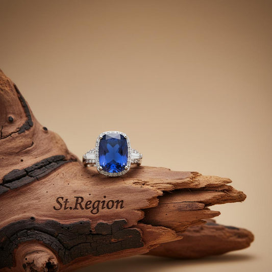 Navy Crystal & Cubic Zirconia Halo Cushion-Cut Ring