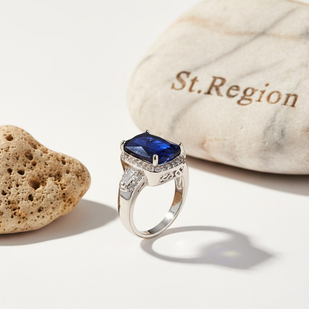 Navy Crystal & Cubic Zirconia Halo Cushion-Cut Ring