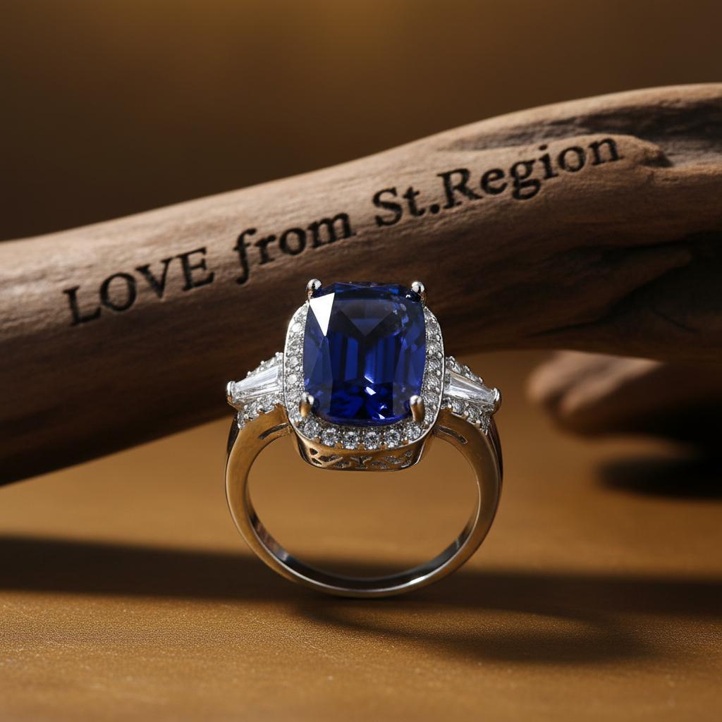 Navy Crystal & Cubic Zirconia Halo Cushion-Cut Ring