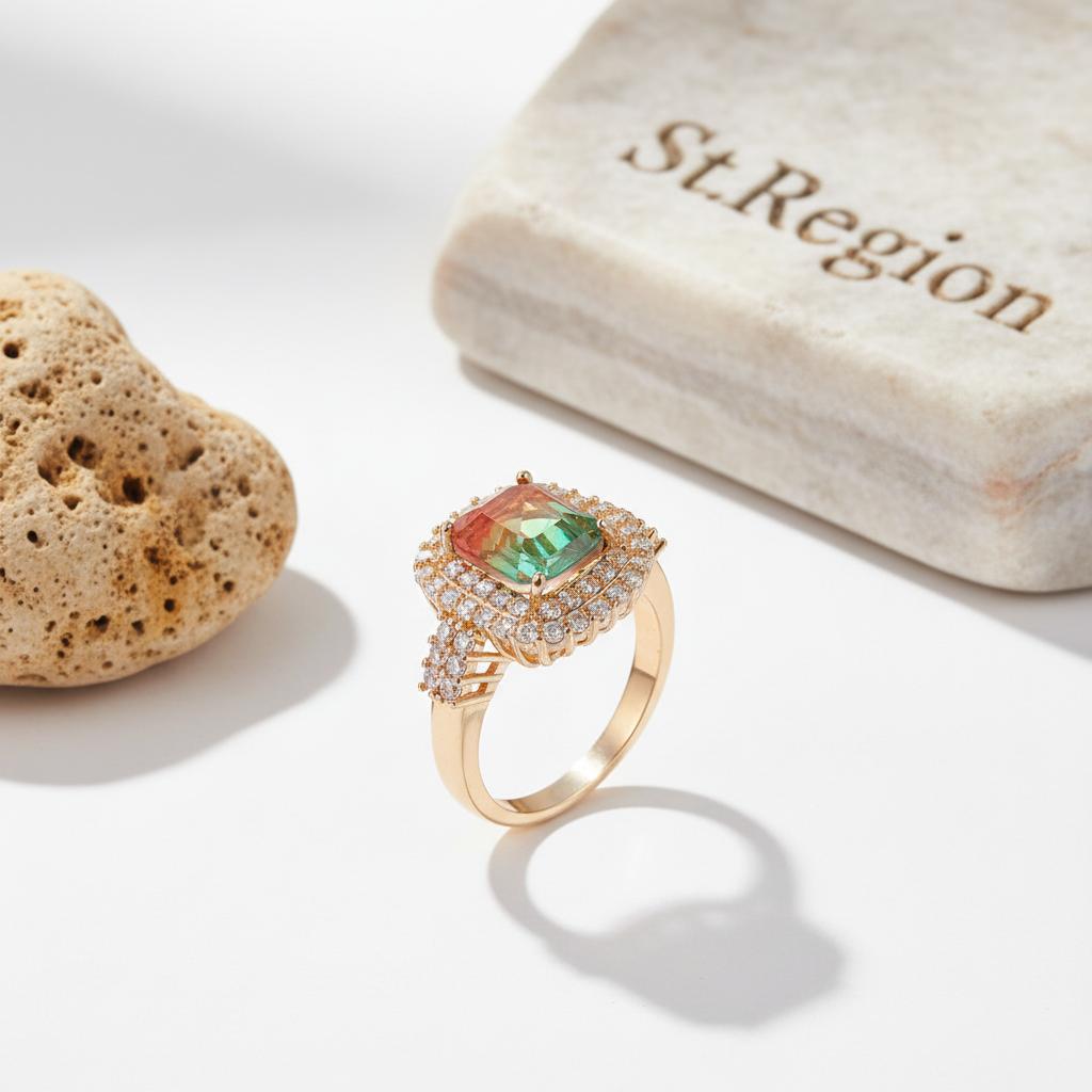 Red & Green Crystal Cubic Zirconia Layered Halo Ring