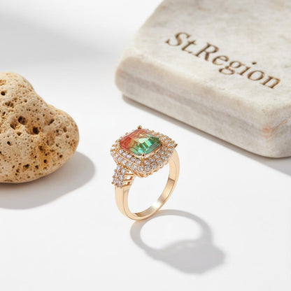 Red & Green Crystal Cubic Zirconia Layered Halo Ring