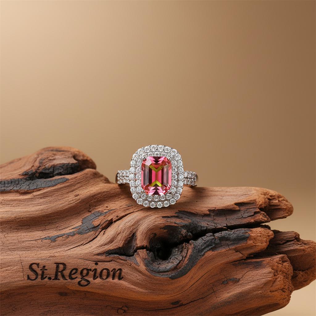 Red-Green Crystal & Cubic Zirconia Radiant-Cut Halo Ring