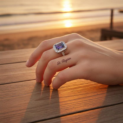 Purple-Blue Crystal and Cubic Zirconia Radiant-Cut Channel Halo Ring, statement rings for women, styled look