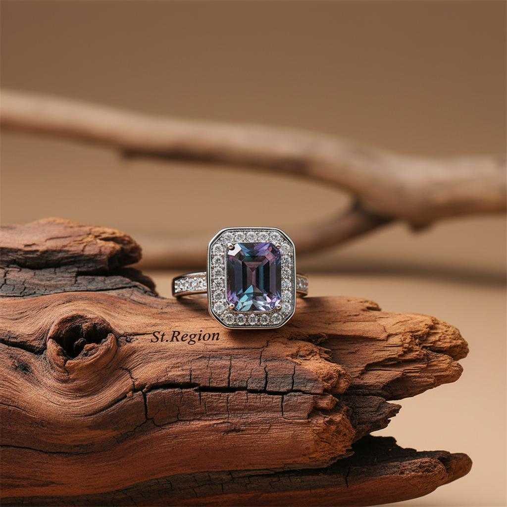 Purple-Blue Crystal and Cubic Zirconia Radiant-Cut Channel Halo Ring, statement rings for women, front view
