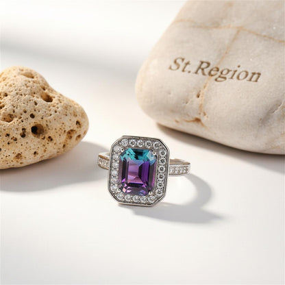Purple-Blue Crystal and Cubic Zirconia Radiant-Cut Channel Halo Ring, statement rings for women, detail close-up
