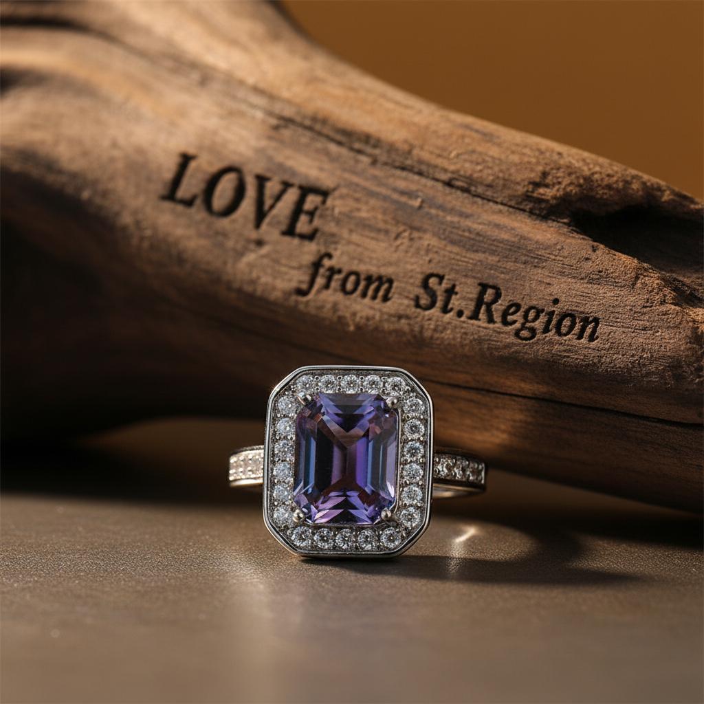 Purple-Blue Crystal and Cubic Zirconia Radiant-Cut Channel Halo Ring, statement rings for women, lifestyle look