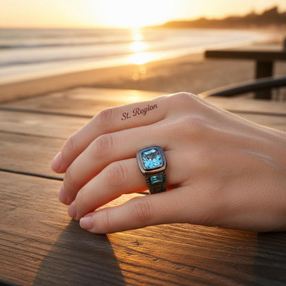 Sea Blue Crystal Square Ring, statement rings for women, elegant gift for her, styled look