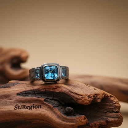 Sea Blue Crystal Square Ring, statement rings for women, elegant gift for her, front view