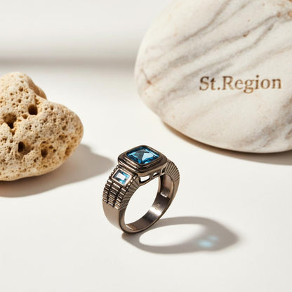Sea Blue Crystal Square Ring, statement rings for women, elegant gift for her, detail close-up
