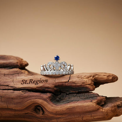 Navy Cubic Zirconia and Silver-Plated Crown Band, silver statement rings for women, elegant gift for her, front view
