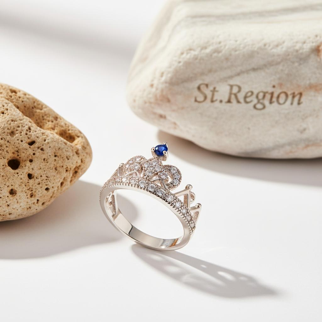 Navy Cubic Zirconia and Silver-Plated Crown Band, silver statement rings for women, elegant gift for her, detail close-up