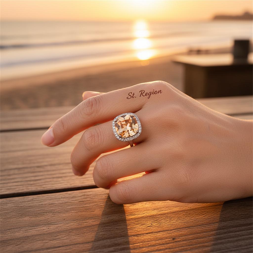 Champagne Crystal and Cubic Zirconia Halo Cushion-Cut Ring, statement rings for women, elegant gift for her, styled look