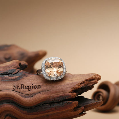 Champagne Crystal and Cubic Zirconia Halo Cushion-Cut Ring, statement rings for women, elegant gift for her, front view