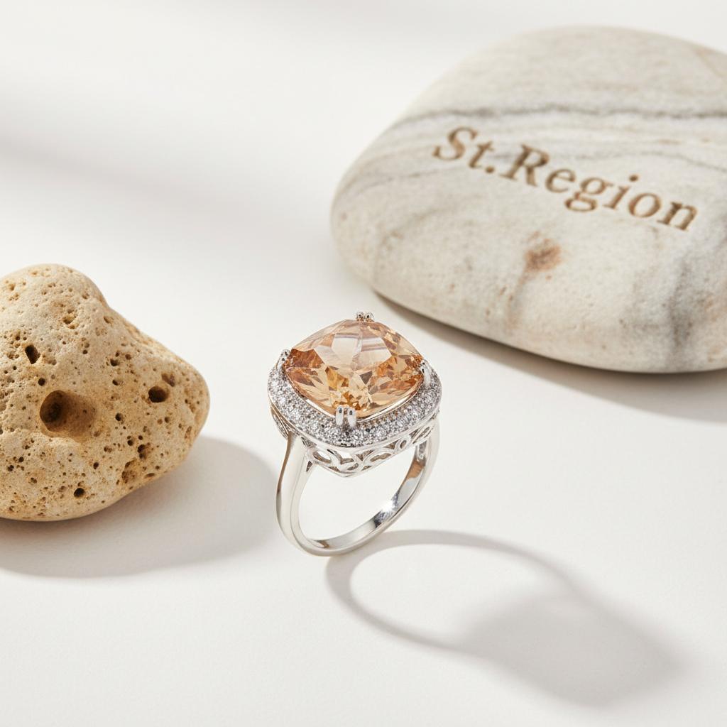 Champagne Crystal and Cubic Zirconia Halo Cushion-Cut Ring, statement rings for women, elegant gift for her, detail close-up
