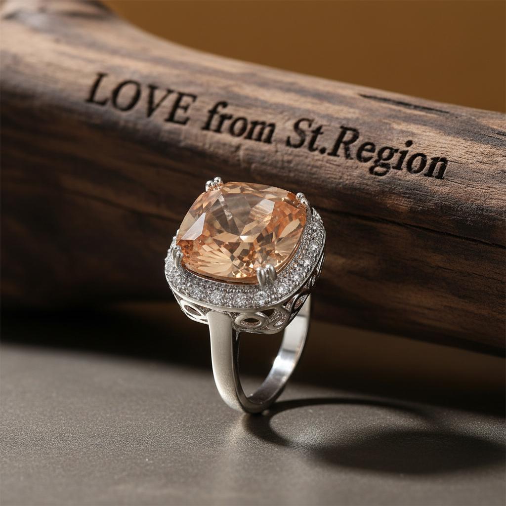 Champagne Crystal and Cubic Zirconia Halo Cushion-Cut Ring, statement rings for women, elegant gift for her, lifestyle look