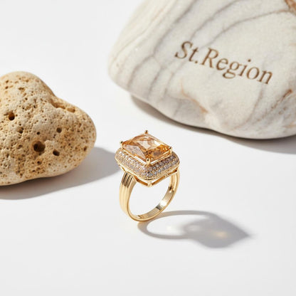 Champagne Crystal and Cubic Zirconia Radiant-Cut Ring, statement rings for women, botanical inspired, detail close-up